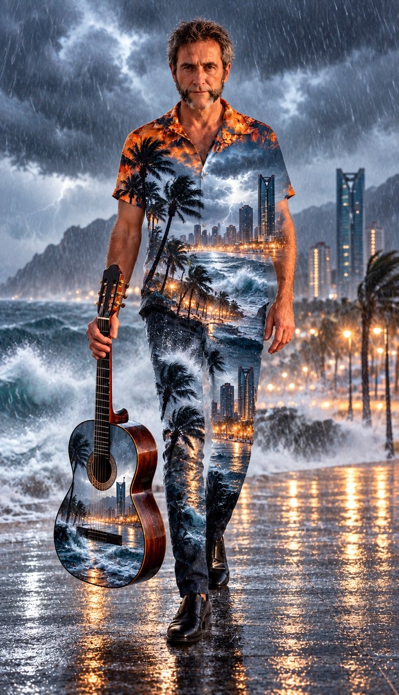 Doble exposición de Kike con su guitarra y una tormenta sobre Benidorm