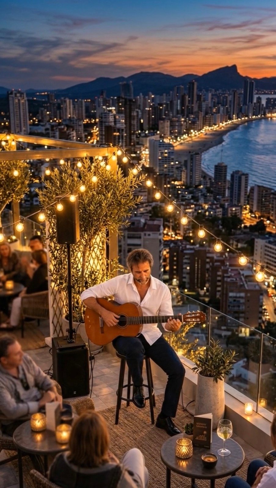 Kike tocando la guitarra española en una terraza con vistas a Benidorm al anochecer