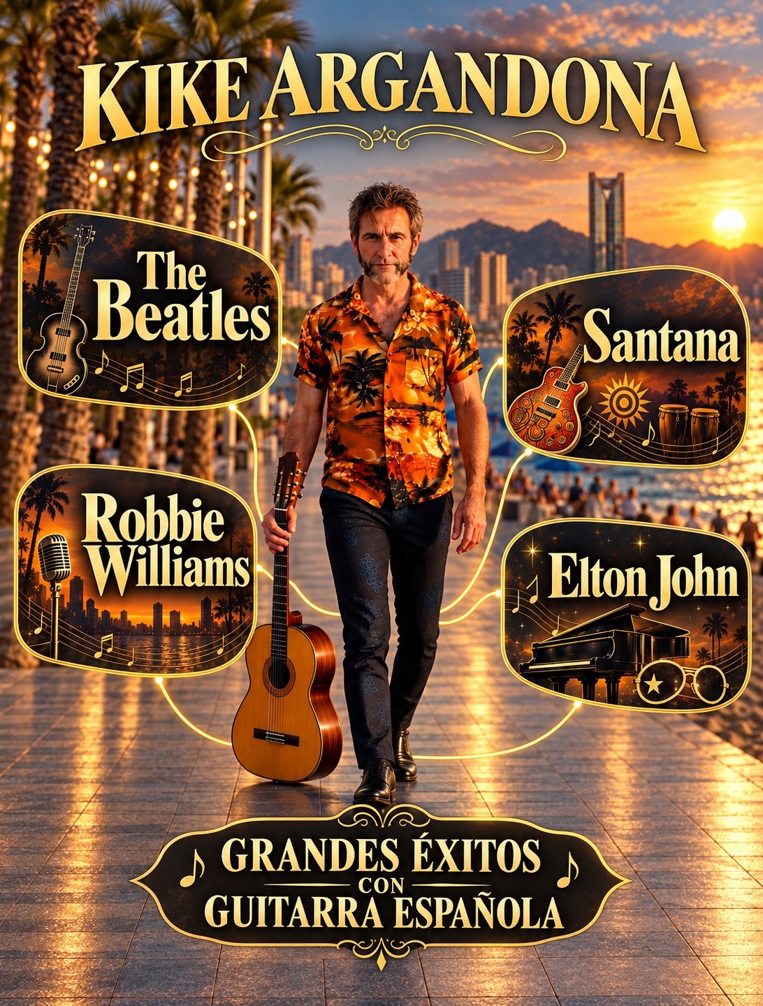 Cartel Grandes éxitos con guitarra española: The Beatles, Santana, Robbie Williams, Elton John